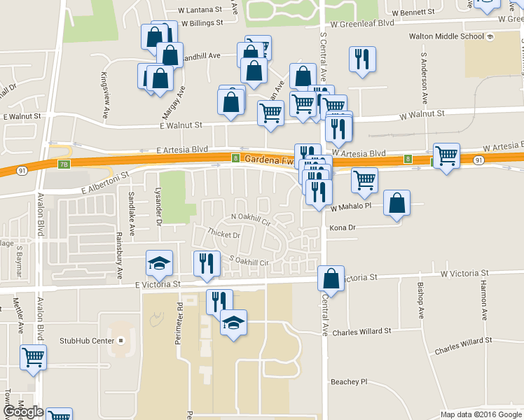 map of restaurants, bars, coffee shops, grocery stores, and more near 17540 Sagebrush Way in Carson