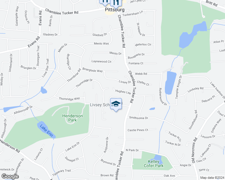map of restaurants, bars, coffee shops, grocery stores, and more near 4119 Hughes Lea in Tucker