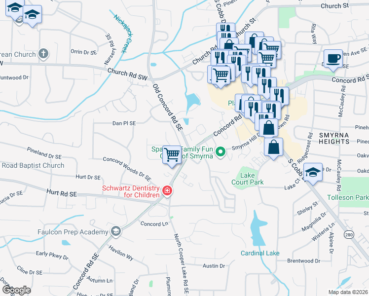 map of restaurants, bars, coffee shops, grocery stores, and more near 3366 Old Concord Road Southeast in Smyrna