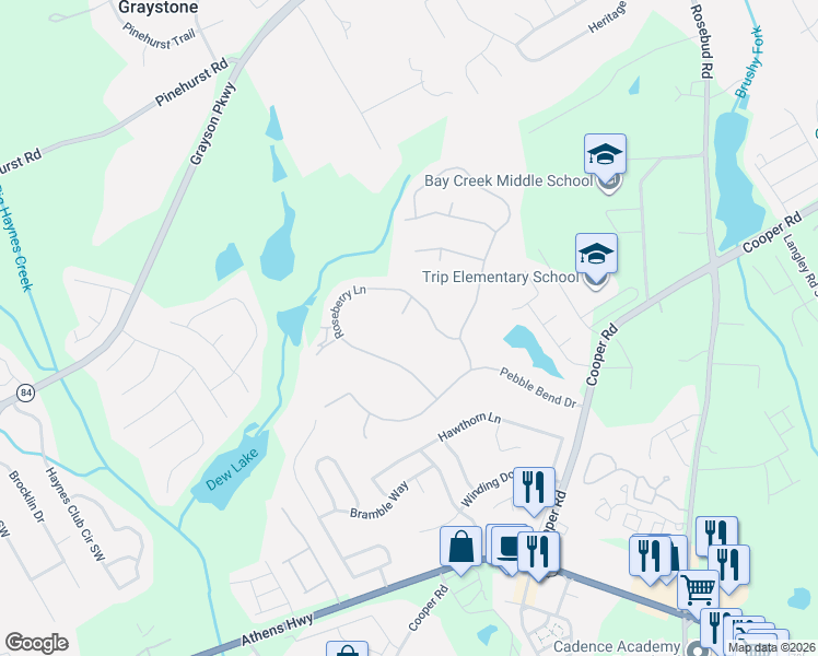 map of restaurants, bars, coffee shops, grocery stores, and more near 1015 Falcon View Cove in Grayson