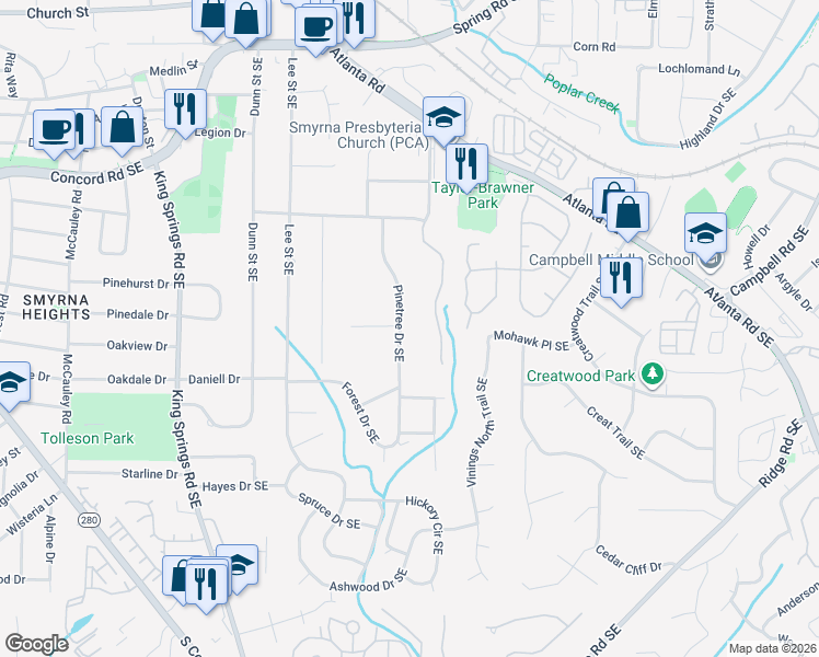 map of restaurants, bars, coffee shops, grocery stores, and more near 3345 Pinetree Drive Southeast in Smyrna