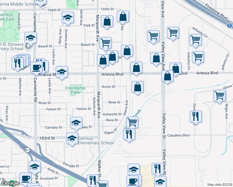 map of restaurants, bars, coffee shops, grocery stores, and more near 17608 Caliente Place in Cerritos