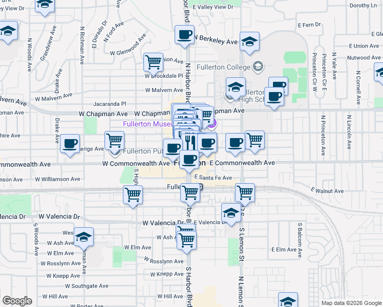 map of restaurants, bars, coffee shops, grocery stores, and more near 114 North Harbor Boulevard in Fullerton