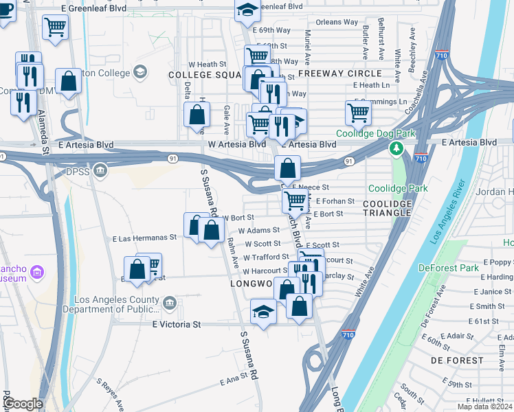 map of restaurants, bars, coffee shops, grocery stores, and more near 126 West Forhan Street in Long Beach