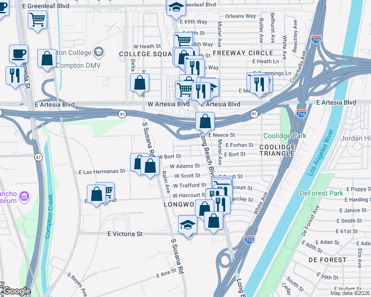 map of restaurants, bars, coffee shops, grocery stores, and more near 110 West Forhan Street in Long Beach