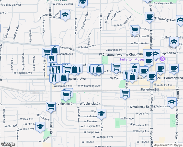 map of restaurants, bars, coffee shops, grocery stores, and more near 531 West Amerige Avenue in Fullerton