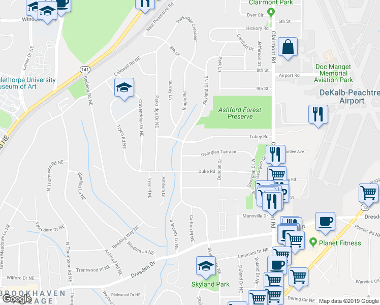 map of restaurants, bars, coffee shops, grocery stores, and more near 1766 Georgian Terrace in Chamblee