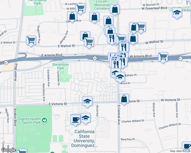 map of restaurants, bars, coffee shops, grocery stores, and more near 17540 Sagebrush Way in Carson