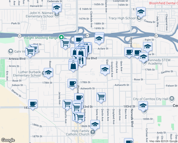 map of restaurants, bars, coffee shops, grocery stores, and more near 11901 176th Street in Artesia