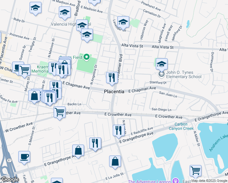 map of restaurants, bars, coffee shops, grocery stores, and more near in Placentia
