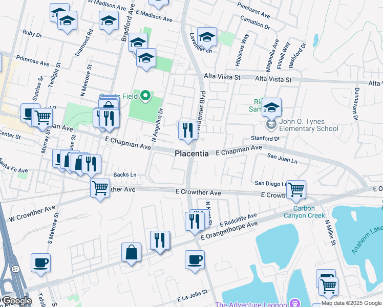 map of restaurants, bars, coffee shops, grocery stores, and more near 589 McFadden Street in Placentia