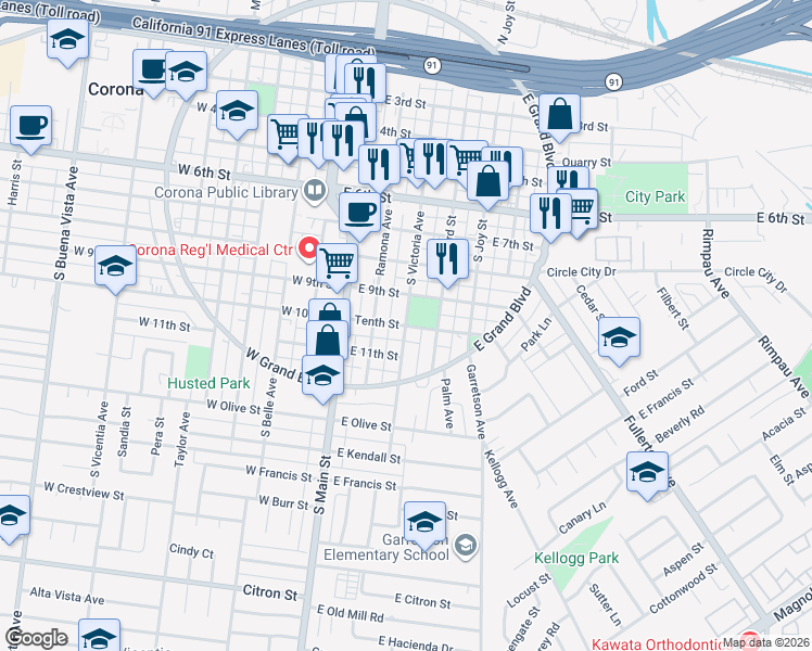 map of restaurants, bars, coffee shops, grocery stores, and more near East 10th Street & South Victoria Avenue in Corona