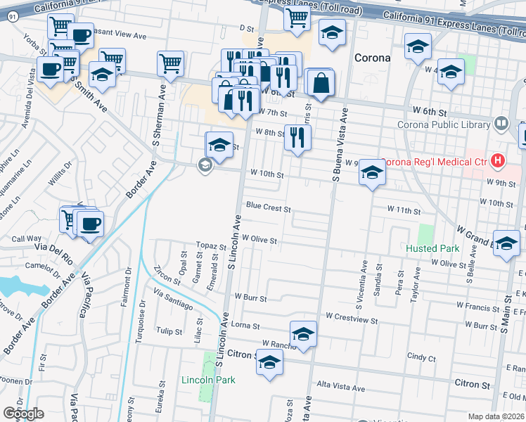 map of restaurants, bars, coffee shops, grocery stores, and more near 1048 Blue Crest Street in Corona