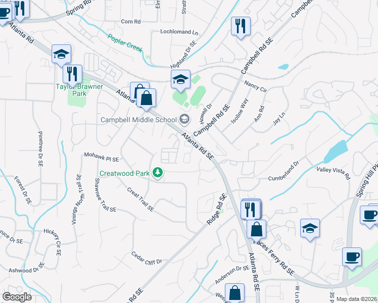 map of restaurants, bars, coffee shops, grocery stores, and more near 132 Rondak Circle in Smyrna