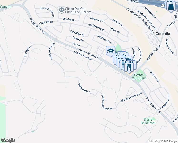 map of restaurants, bars, coffee shops, grocery stores, and more near 1228 Goldenview Drive in Corona