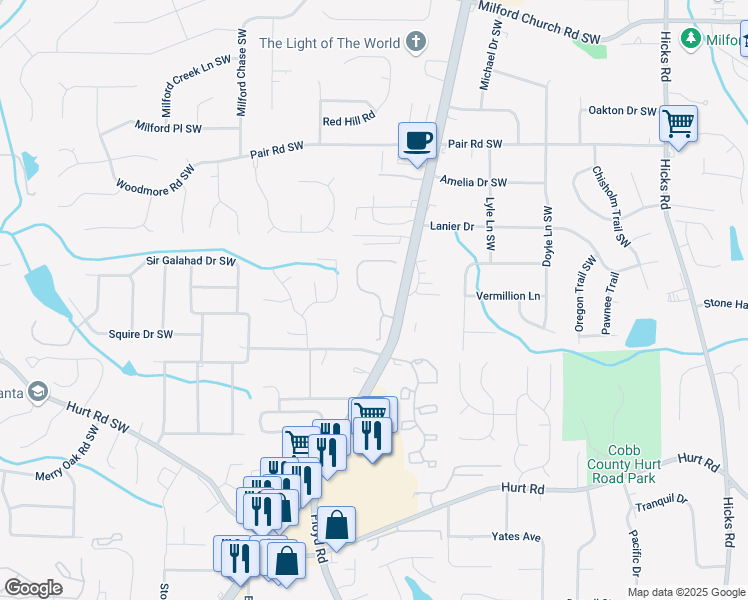 map of restaurants, bars, coffee shops, grocery stores, and more near 3376 Raes Creek Road in Marietta