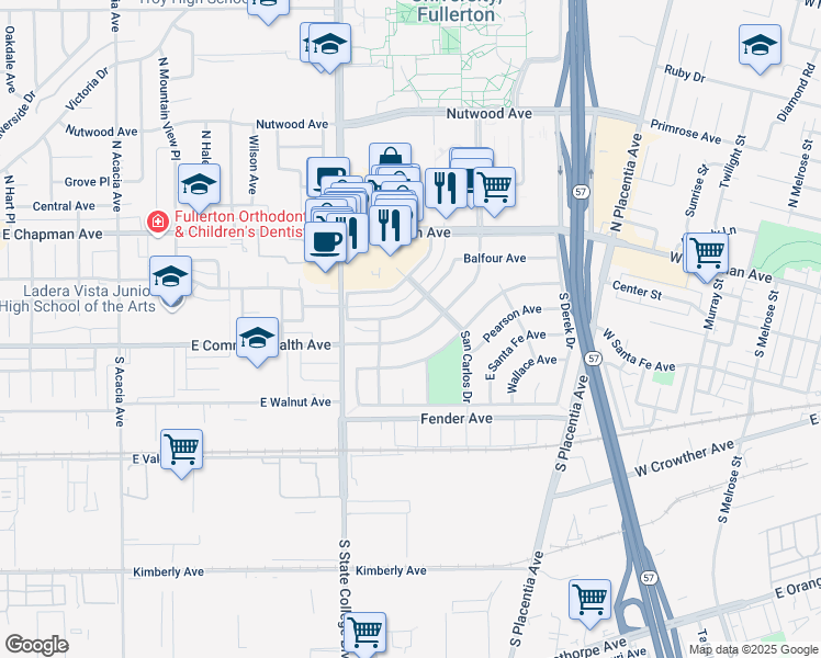 map of restaurants, bars, coffee shops, grocery stores, and more near 2466 Balfour Avenue in Fullerton