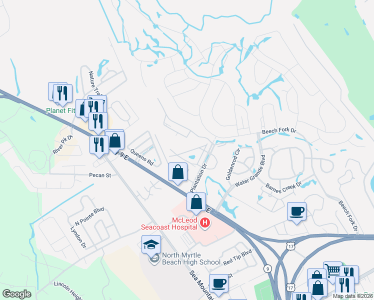 map of restaurants, bars, coffee shops, grocery stores, and more near 238 Galapagos Drive in Little River