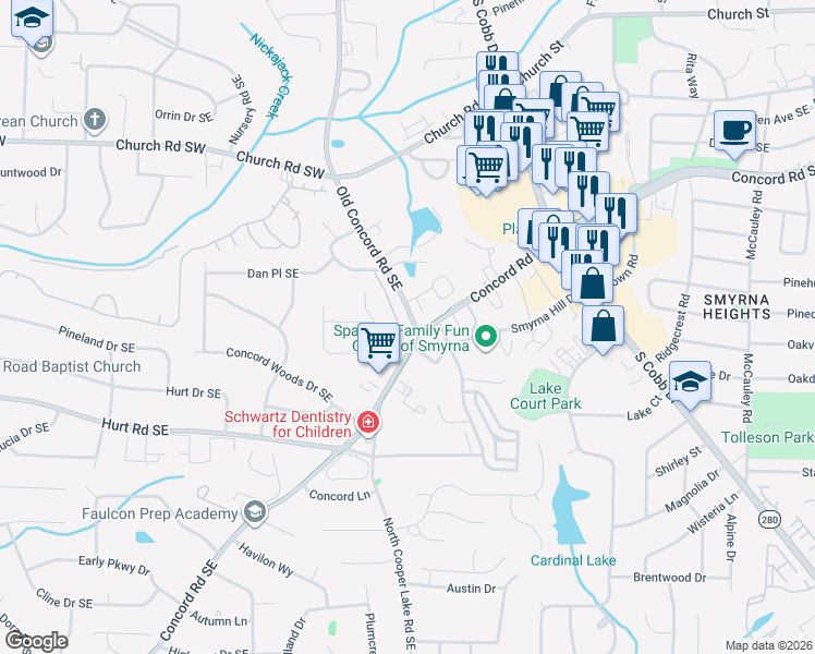 map of restaurants, bars, coffee shops, grocery stores, and more near 3366 Old Concord Road Southeast in Smyrna