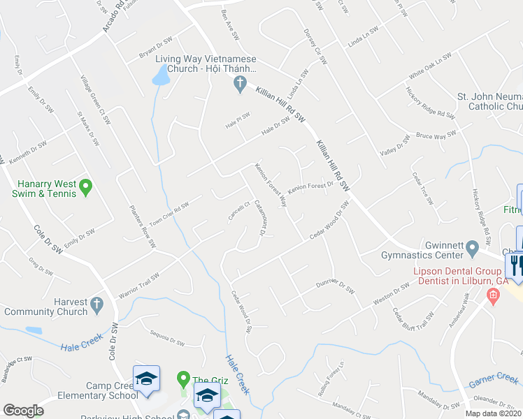 map of restaurants, bars, coffee shops, grocery stores, and more near 550 Catamount Drive in Lilburn