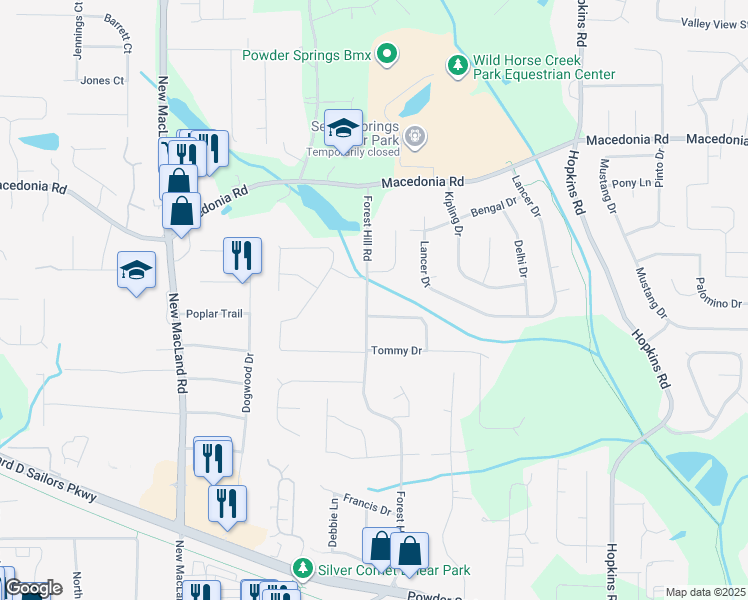 map of restaurants, bars, coffee shops, grocery stores, and more near 3381 Forest Hill Road in Powder Springs