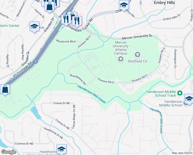 map of restaurants, bars, coffee shops, grocery stores, and more near 2951 Flowers Road South in Atlanta