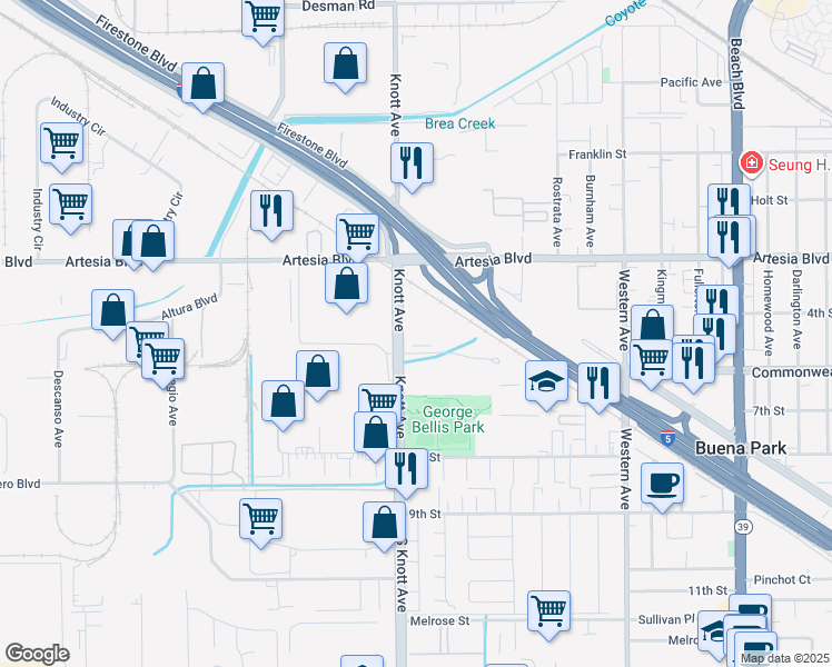 map of restaurants, bars, coffee shops, grocery stores, and more near 7001 Village Drive in Buena Park