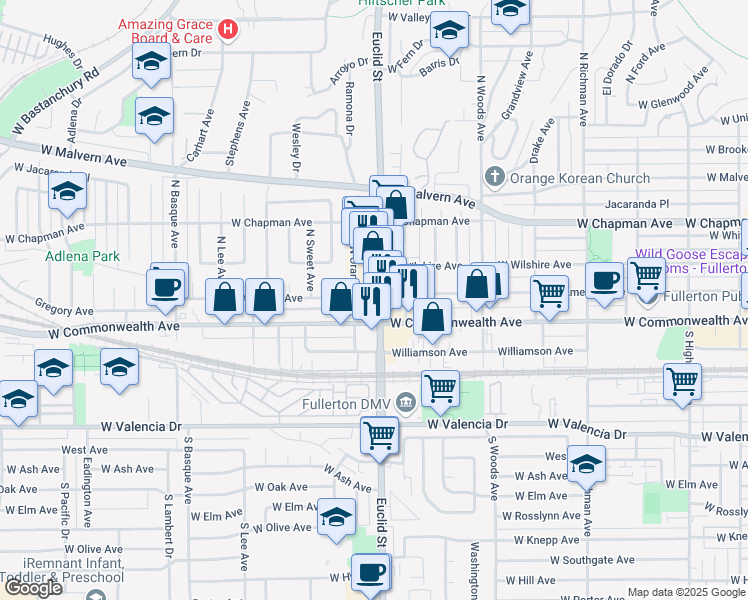 map of restaurants, bars, coffee shops, grocery stores, and more near 206 North Euclid Street in Fullerton