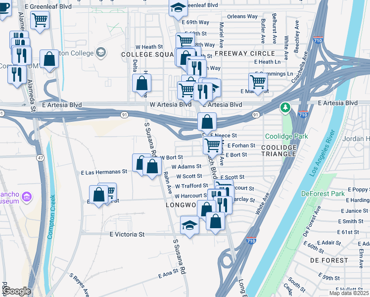 map of restaurants, bars, coffee shops, grocery stores, and more near 126 West Forhan Street in Long Beach