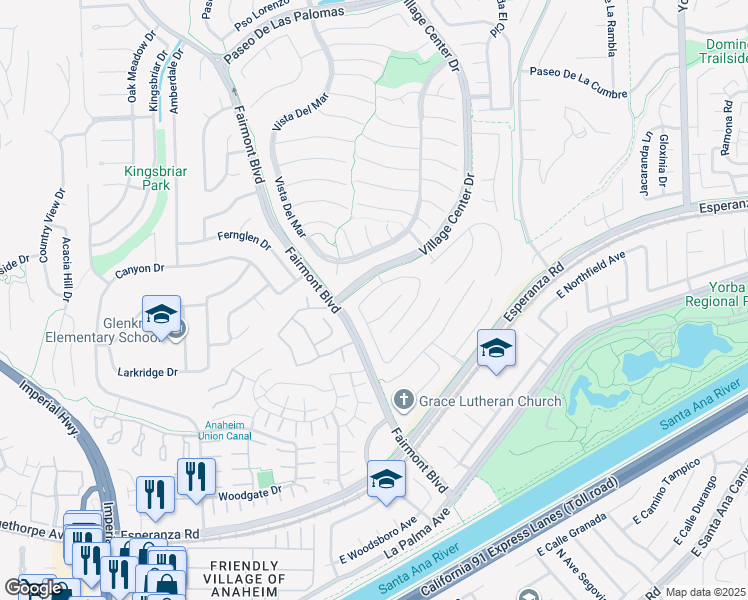 map of restaurants, bars, coffee shops, grocery stores, and more near 20230 Chandler Drive in Yorba Linda