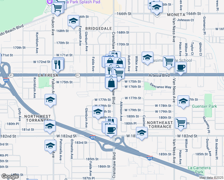 map of restaurants, bars, coffee shops, grocery stores, and more near 17523 Crenshaw Boulevard in Torrance