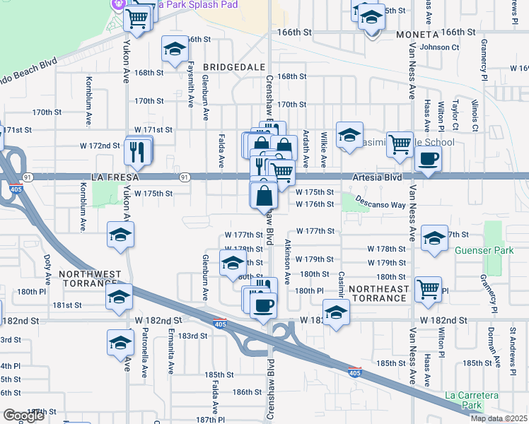 map of restaurants, bars, coffee shops, grocery stores, and more near 17523 Crenshaw Boulevard in Torrance