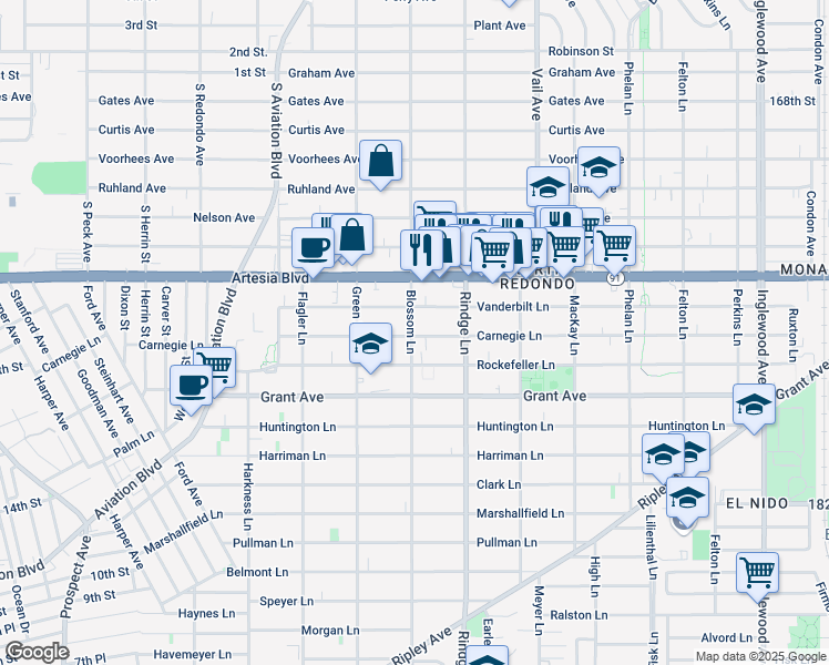 map of restaurants, bars, coffee shops, grocery stores, and more near 1802 Blossom Lane in Redondo Beach
