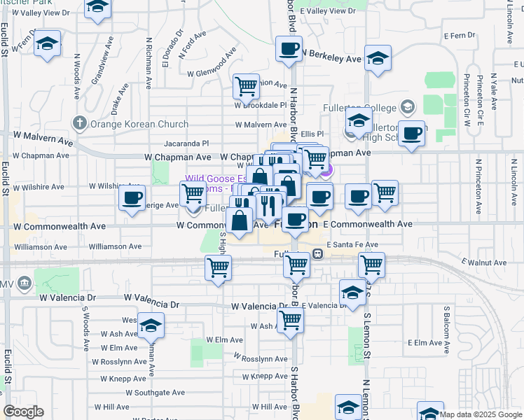 map of restaurants, bars, coffee shops, grocery stores, and more near 215 West Amerige Avenue in Fullerton