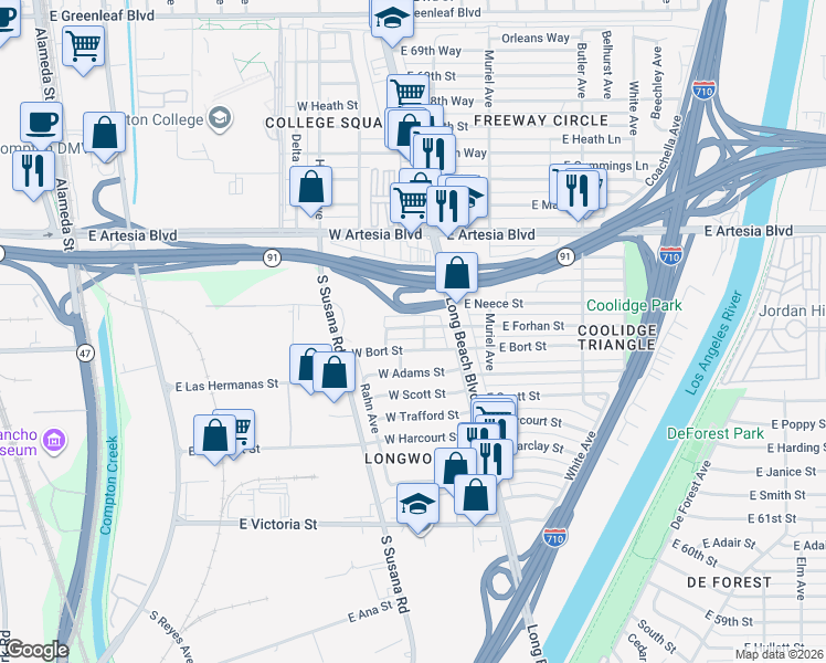map of restaurants, bars, coffee shops, grocery stores, and more near 110 West Forhan Street in Long Beach