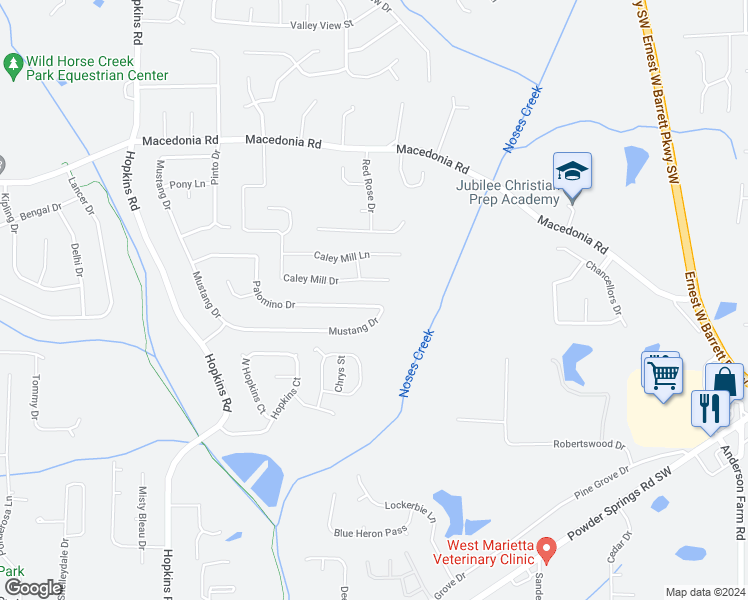 map of restaurants, bars, coffee shops, grocery stores, and more near 3247 Palomino Drive in Powder Springs