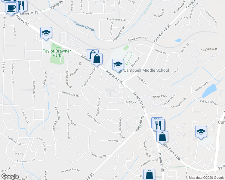 map of restaurants, bars, coffee shops, grocery stores, and more near 3478 Vintage Circle Southeast in Smyrna