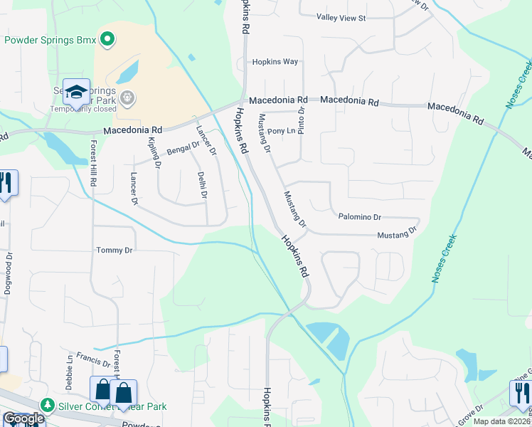 map of restaurants, bars, coffee shops, grocery stores, and more near 3394 Hopkins Road in Powder Springs