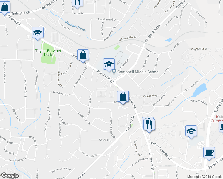 map of restaurants, bars, coffee shops, grocery stores, and more near 199 Rondak Circle in Smyrna
