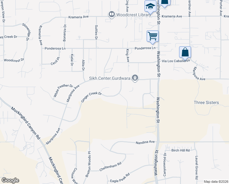 map of restaurants, bars, coffee shops, grocery stores, and more near 16618 Ginger Creek Drive in Riverside