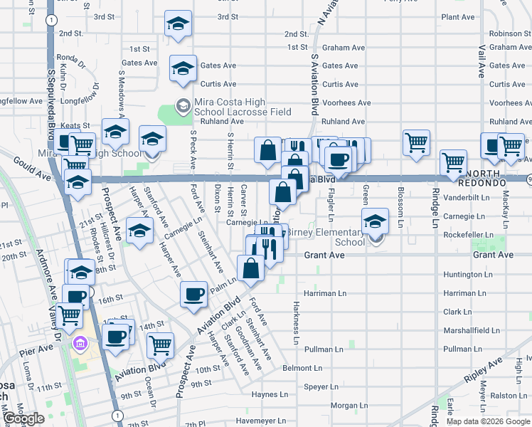 map of restaurants, bars, coffee shops, grocery stores, and more near 1711 Axenty Way in Redondo Beach