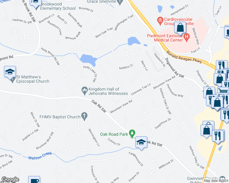 map of restaurants, bars, coffee shops, grocery stores, and more near 1720 Hickory Lake Drive in Snellville