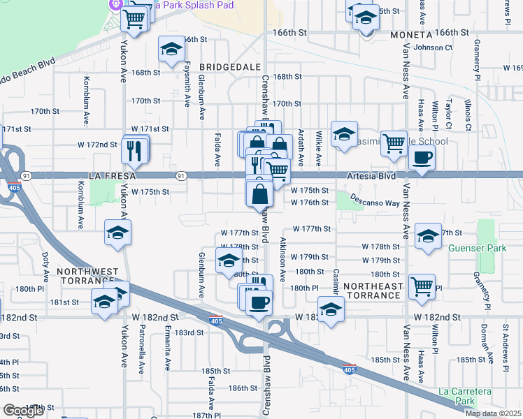 map of restaurants, bars, coffee shops, grocery stores, and more near 17512 Delia Avenue in Torrance