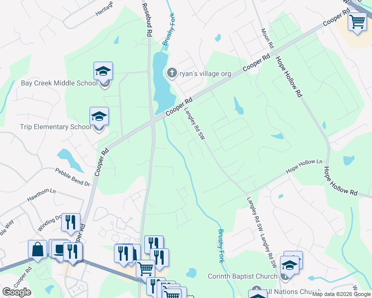 map of restaurants, bars, coffee shops, grocery stores, and more near 749 Rolling Downs Drive Southwest in Loganville