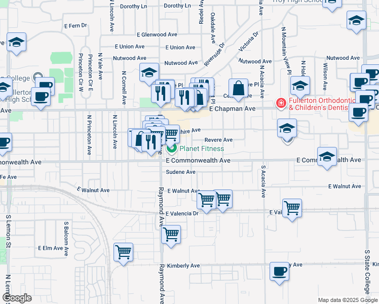 map of restaurants, bars, coffee shops, grocery stores, and more near 113 North Montague Avenue in Fullerton