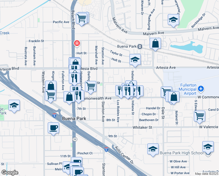map of restaurants, bars, coffee shops, grocery stores, and more near 6152 Stanton Avenue in Buena Park