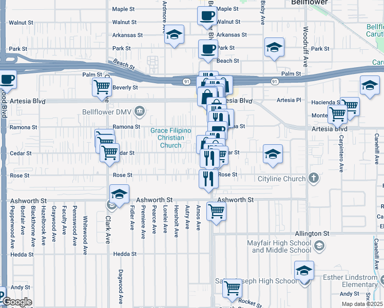 map of restaurants, bars, coffee shops, grocery stores, and more near 9714 1/2 Cedar Street in Bellflower