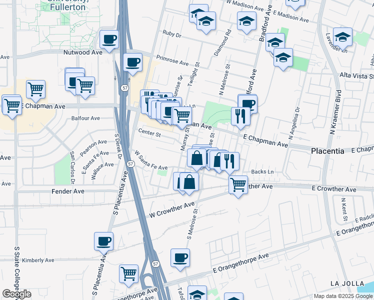 map of restaurants, bars, coffee shops, grocery stores, and more near 405 Center Street in Placentia