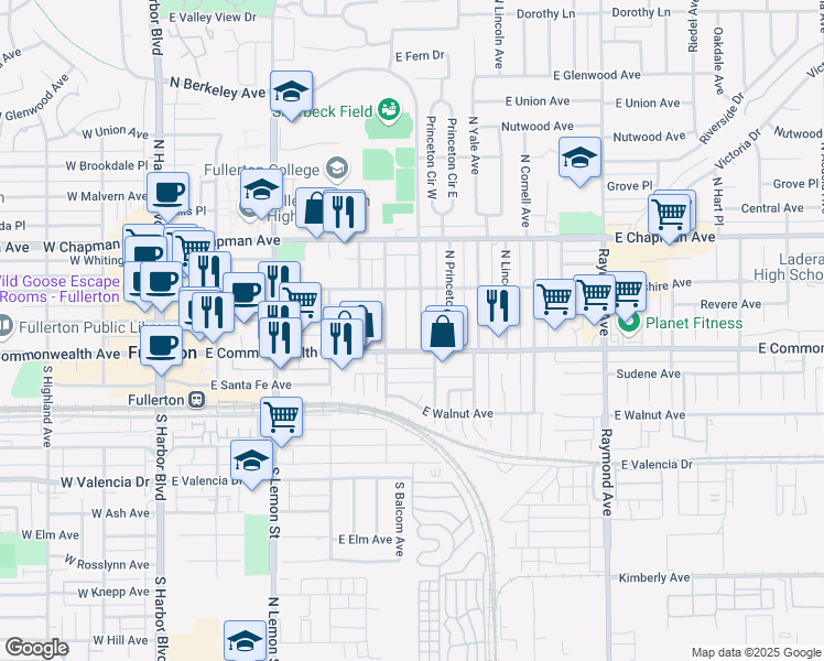 map of restaurants, bars, coffee shops, grocery stores, and more near 126 North Balcom Avenue in Fullerton