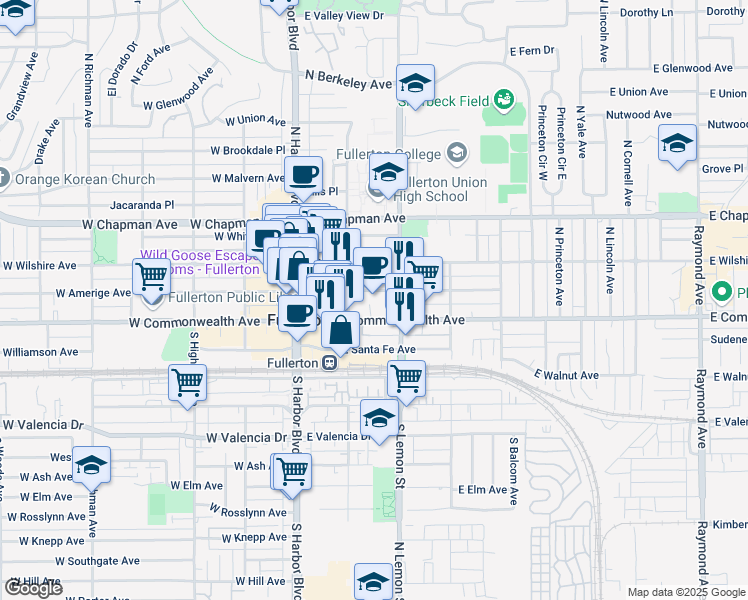 map of restaurants, bars, coffee shops, grocery stores, and more near 235 East Amerige Avenue in Fullerton